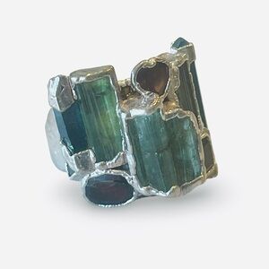 Pure Silver Artisan Indicolite Green Tourmaline Garnet Ring Size 8 by C + R